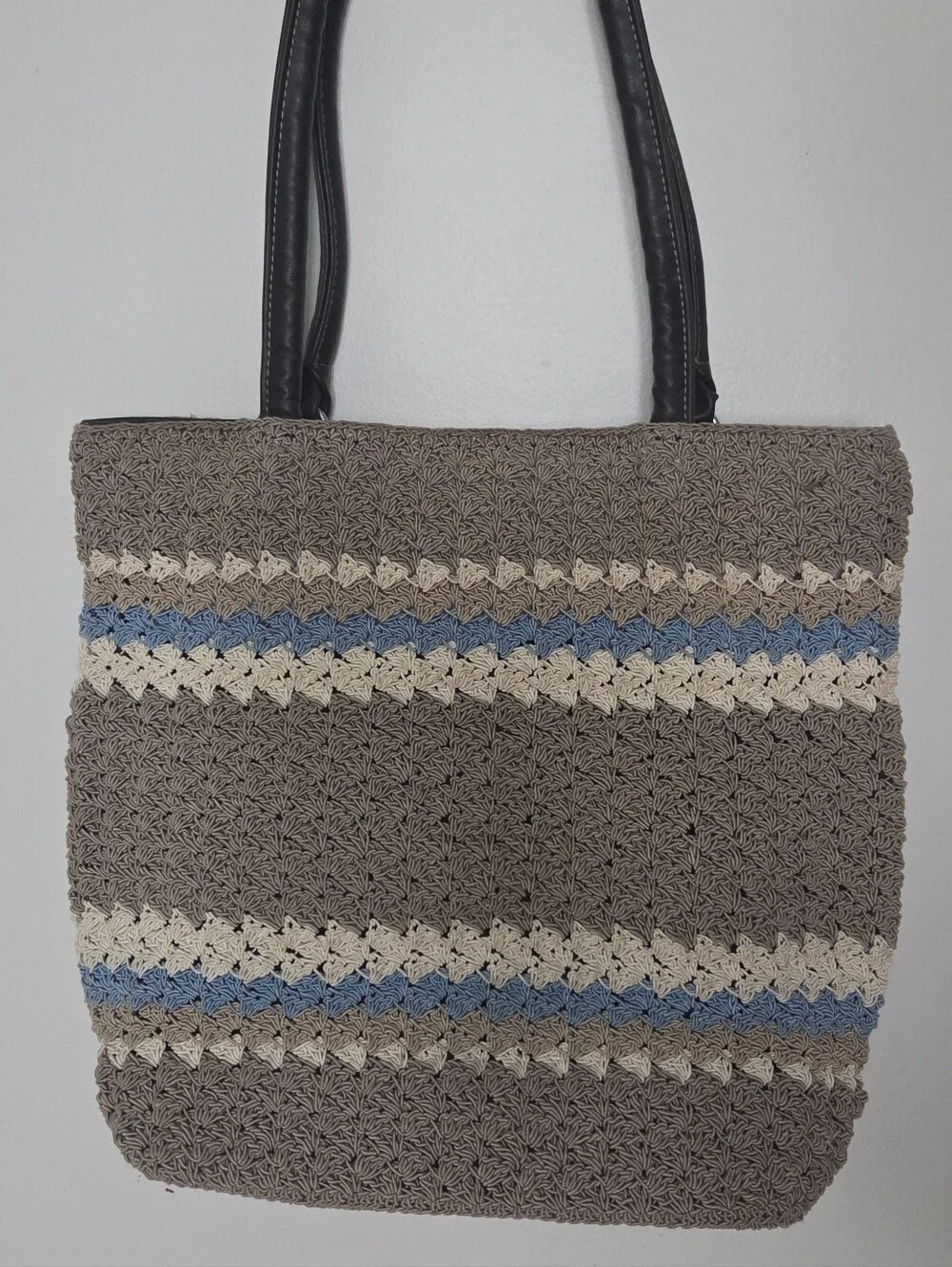 Woven Crochet Tote Bag with Blue & Cream Stripes